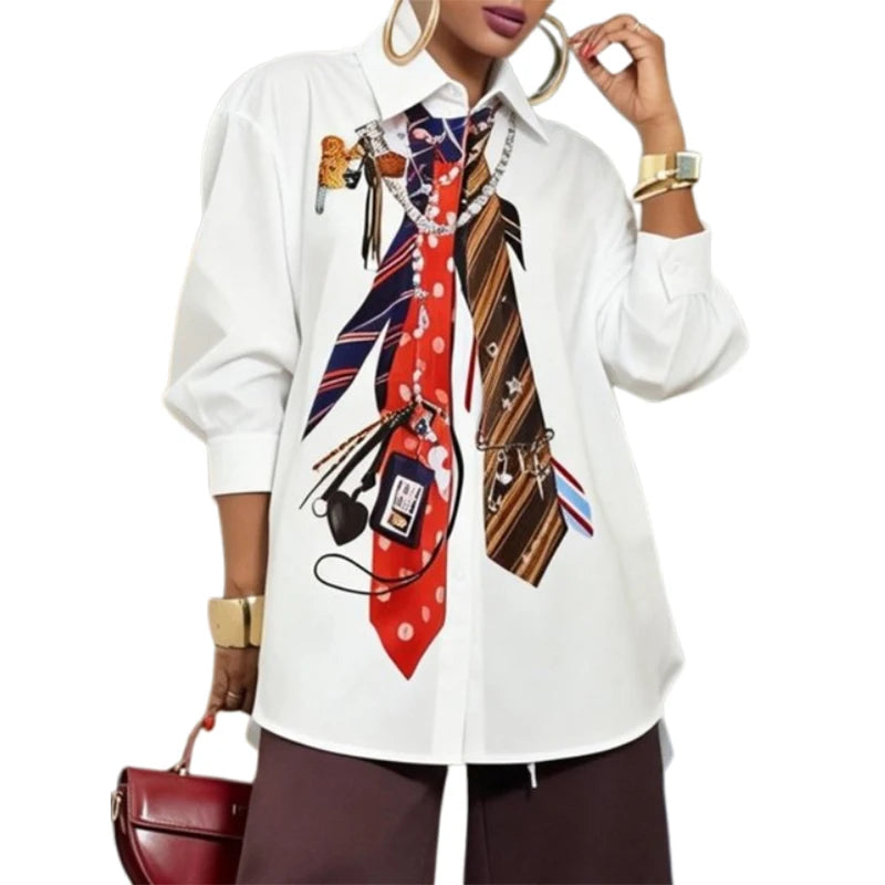 Yeezzi 2026 New Trendy Tie Printed White Shirts For Women Puff Sleeves Loose Buttoned Asymmetric Hem Streetwear Blouses