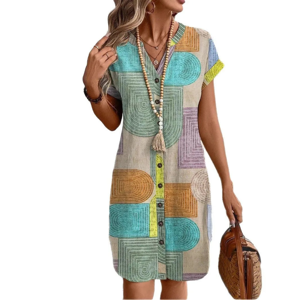 2025 European and American Women's Apparel Foreign Trade Amazon Summer Geometric Print Elegant V-Neck Button-Up Dress