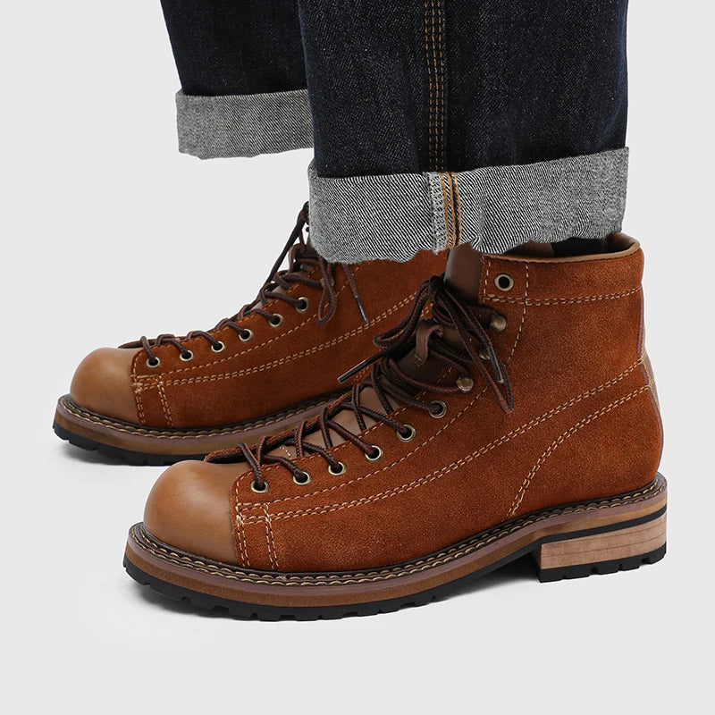 Men's Vintage High-Top Ankle Boots - British Style Split Leather Lace-Up Work Boots