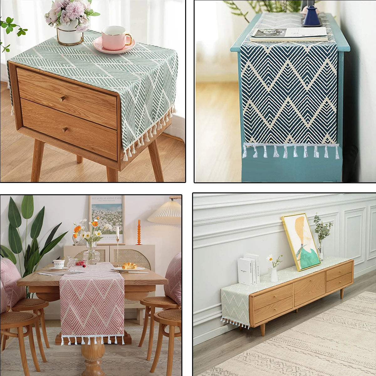 LINEN LOOK TABLE RUNNER - Geometric Weave, 4 Colors - Calm Surfaces