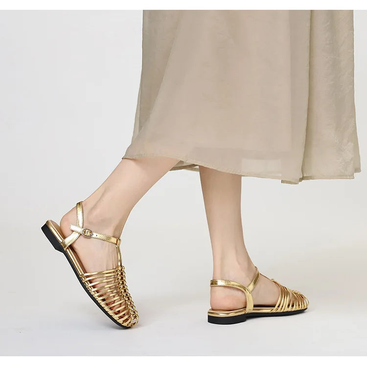 Band Flat Sandals Women Summer Round Toe Ankle Buckle Hollow Roman Sandal Plus Size Beach Shoe