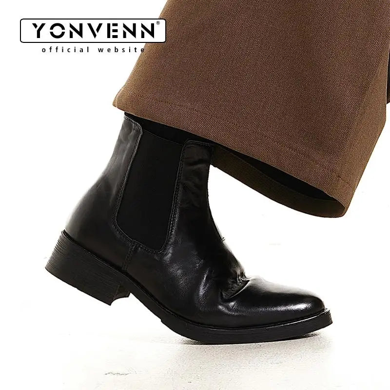 Men's Genuine Leather Chelsea Boots - Pointed Toe Thick Sole Western Style Slip-On