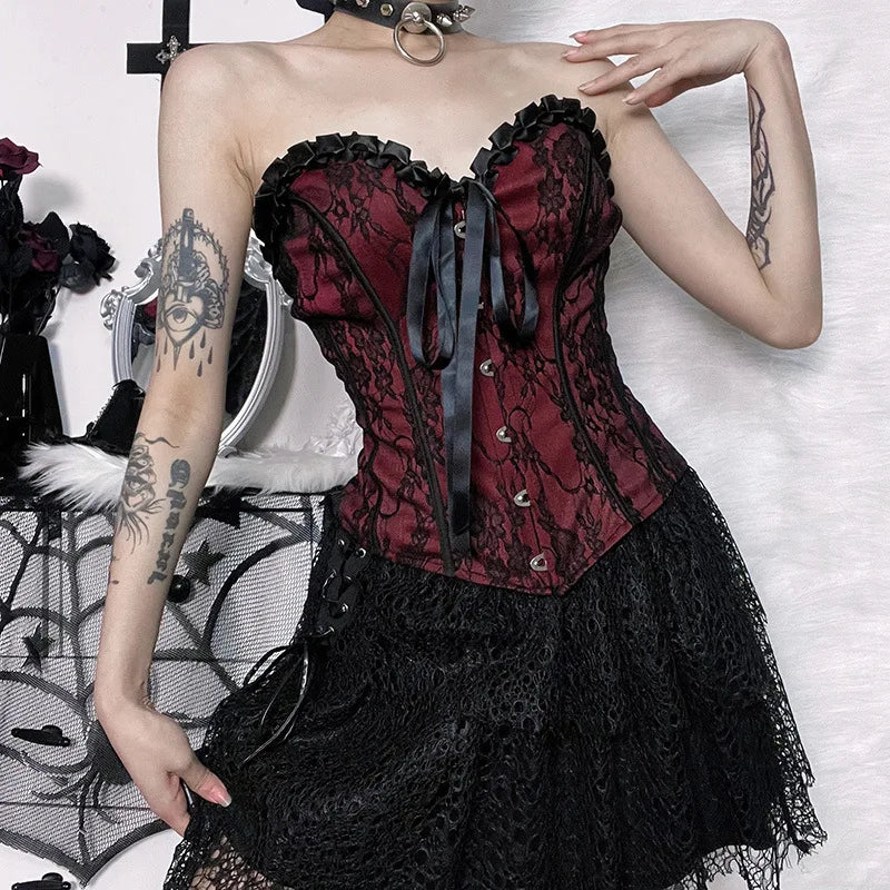 Unholy Lace Halter - Black Goth Corset Top With Cross And Red Velvet
