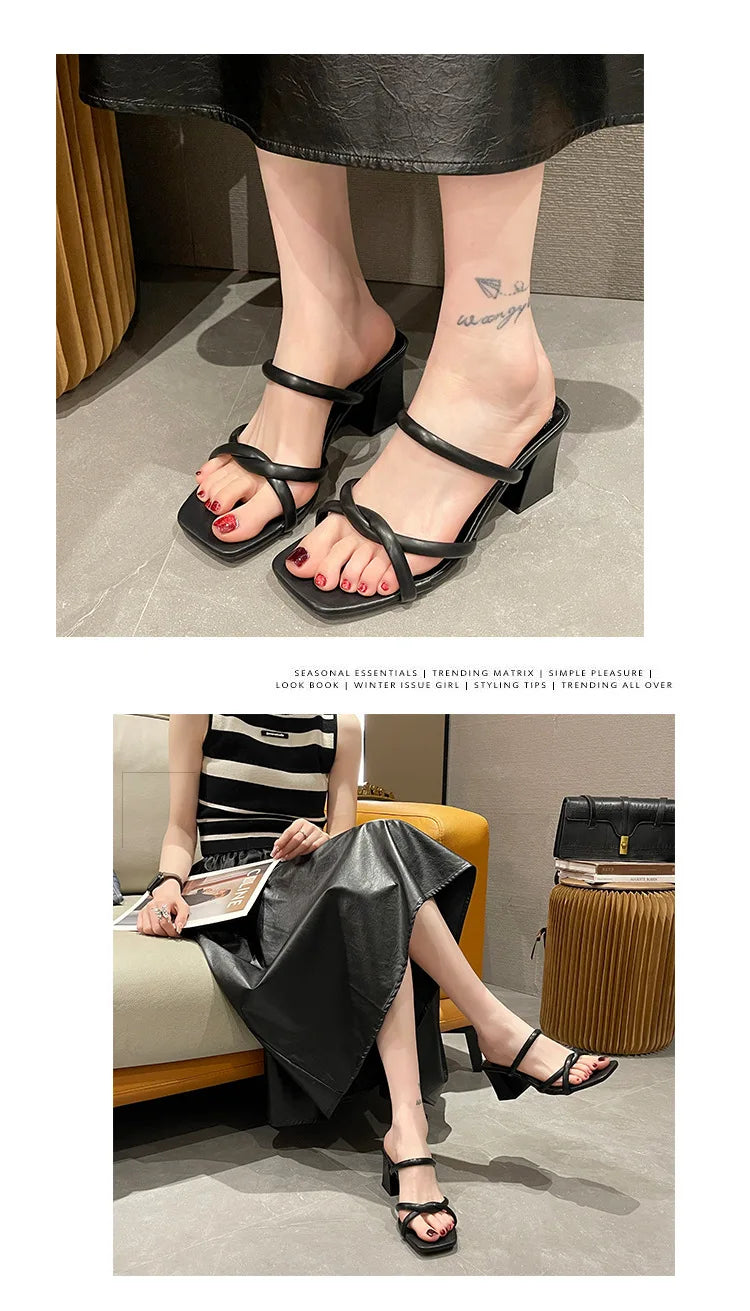 New Summer Fashion Bare-Toed Square-Head Mid-Heel Shoes Pleated Chunky Sandals with A-Line Single Shoe Women