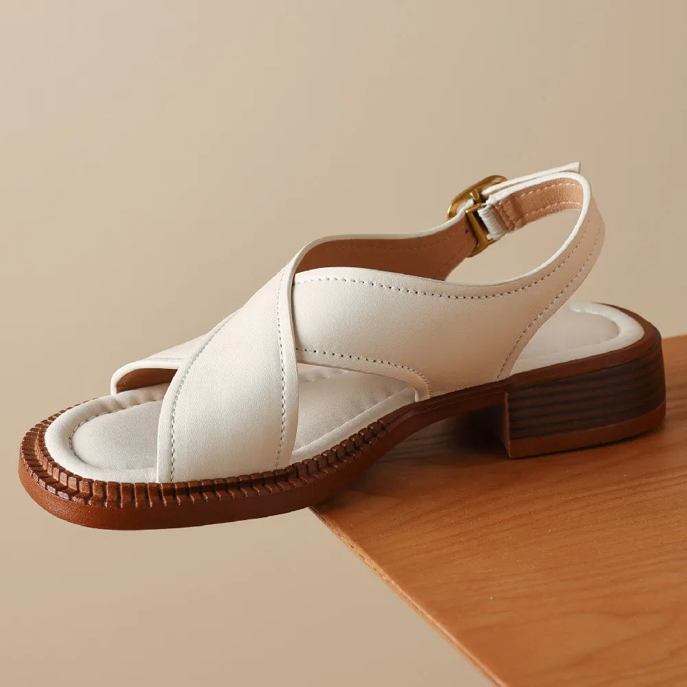 Women's flat sandals genuine leather cross strap open-toe summer casual female footwear high quality soft comfortable plus size