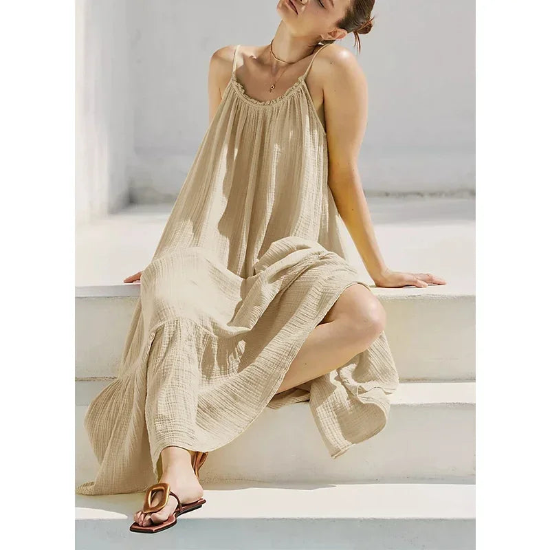 Vacation Spaghetti Strap Backless Maxi Dress for Women, Ruffle Hem Loose Crinkled Cotton Summer Beach Cami Sundress