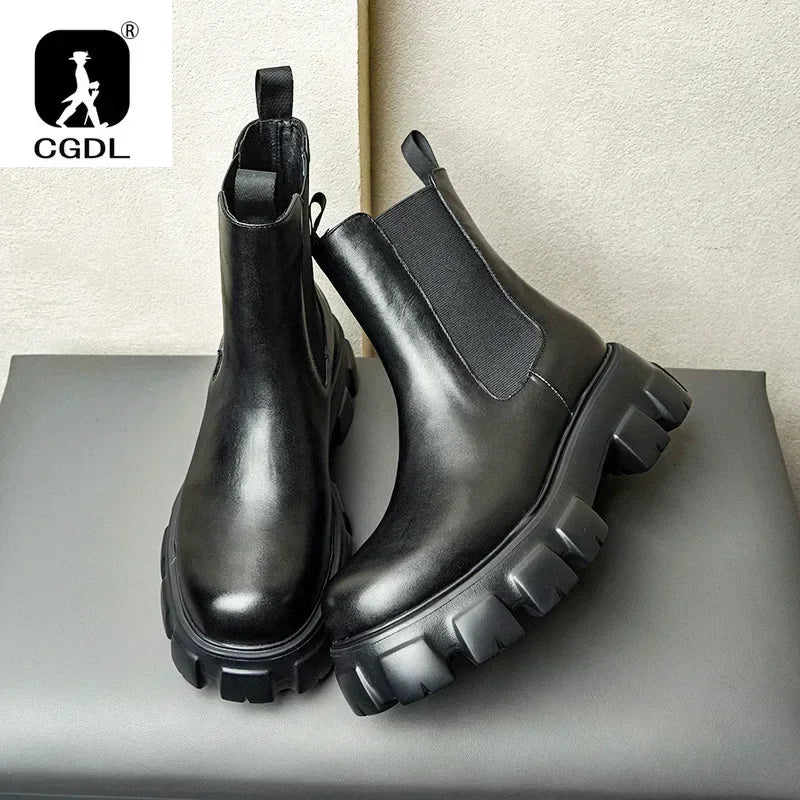 Men's Genuine Leather Platform Ankle Boots - Pointed Toe Zip Winter Boots British Style