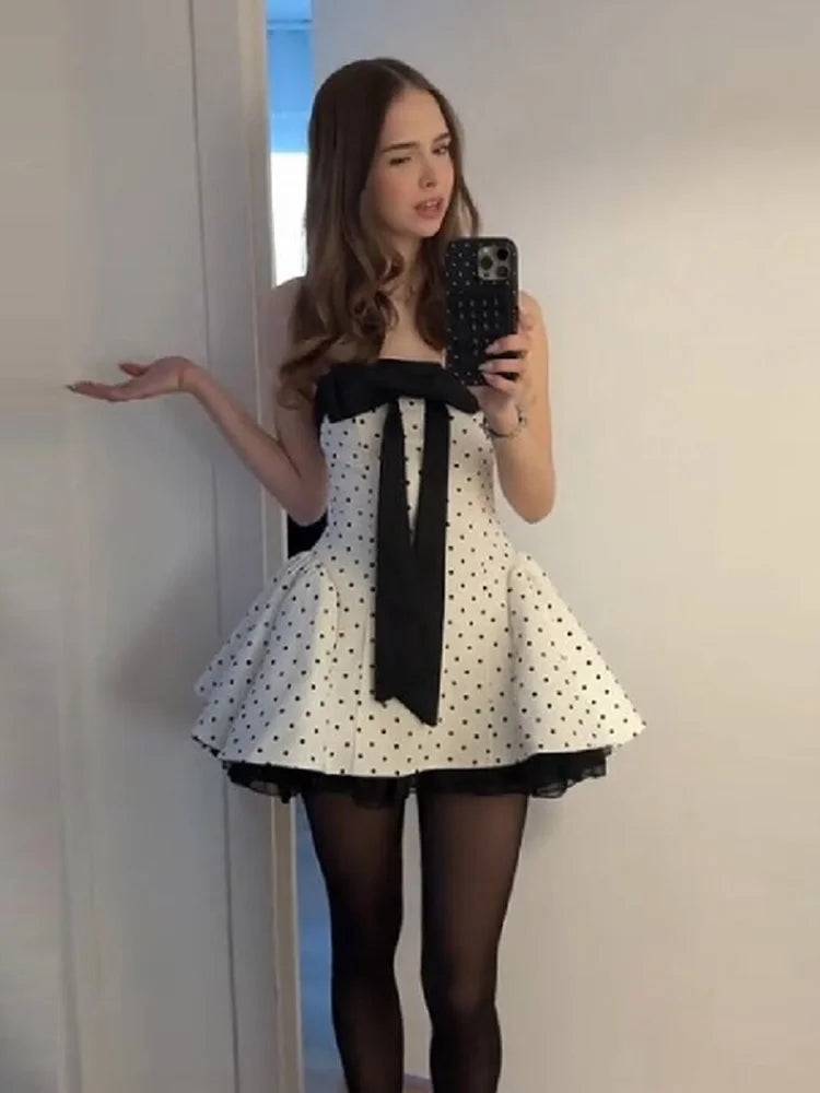Vintage Sweet Polka Dot Mini Dress Strapless Bow Flared Skirt Dresses Women Birthday Party Cute Chic Playful Stylish Outfits