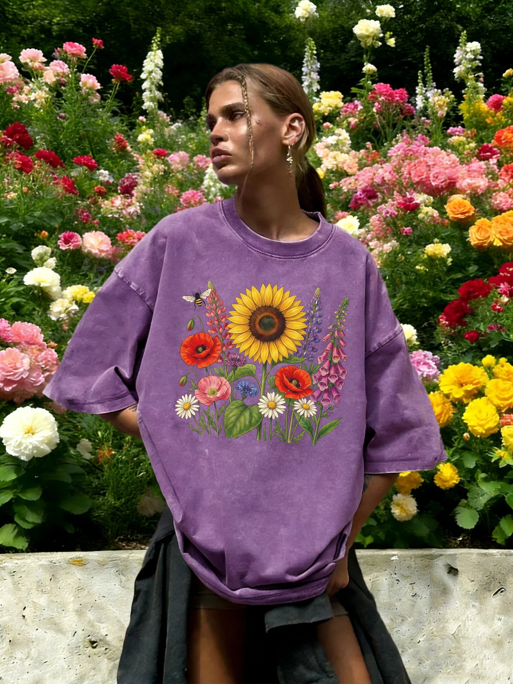 Colorful Sunflowers Beautiful Flowers Printed Washed T-Shirt Women O-Neck Cotton T Shirt Loose Clothes Vintage Summer Sportswear