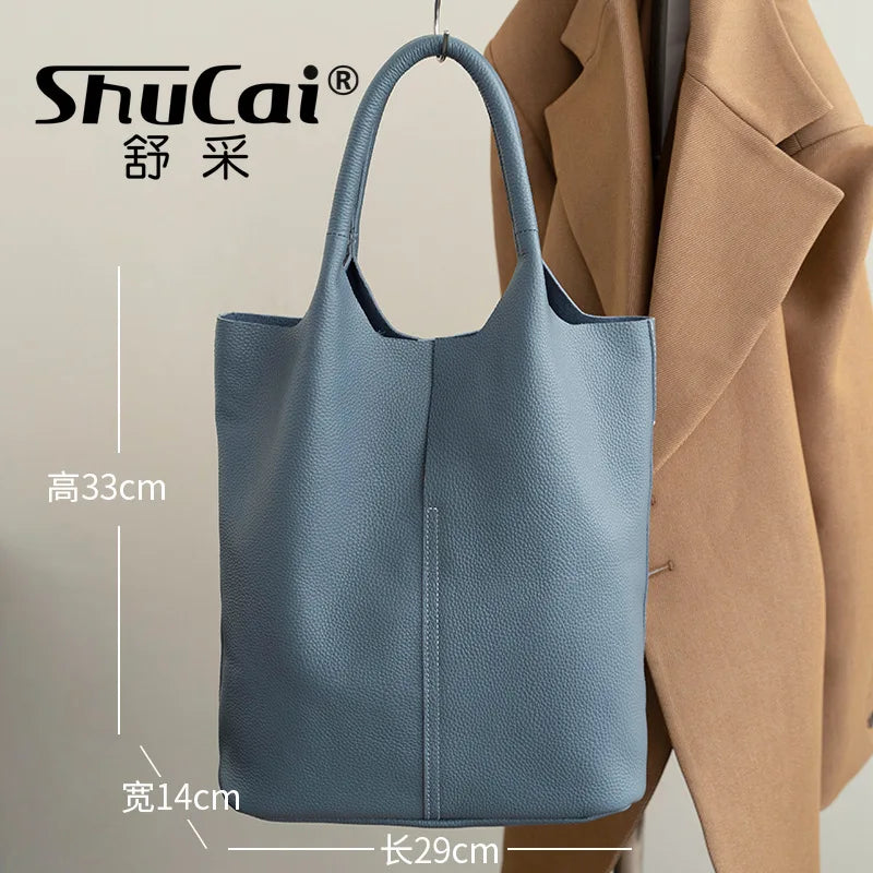 Genuine Grade Leather Women Commuter Tote Bag Ladies Soft Cowhide Tote Shoulder Handbag Large Female Bucket Bag Luxury Designer