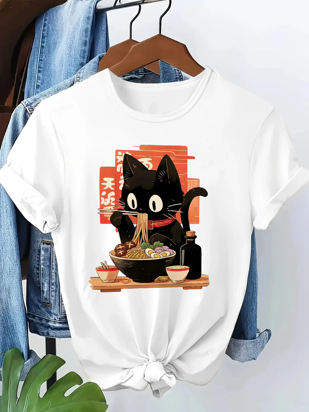Japanese Ramen Cat Casual Funny  Print T-shirt Vintage Women's Casual Graphic Short Sleeve T Shirt Clothing Top Tee