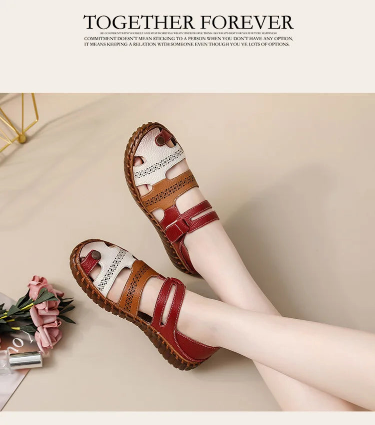 New patches gladiator sandals women's handmade bohemian shoes big size 43 woman real leather sandal ladies patchwork strap flats