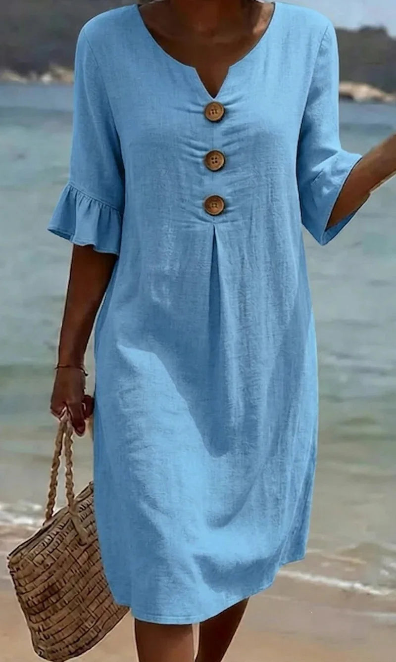 2026 Amazon European and American Cross-Border Spring and Summer New Cotton and Linen V-Neck Dress with Large Buttons and Ruffle