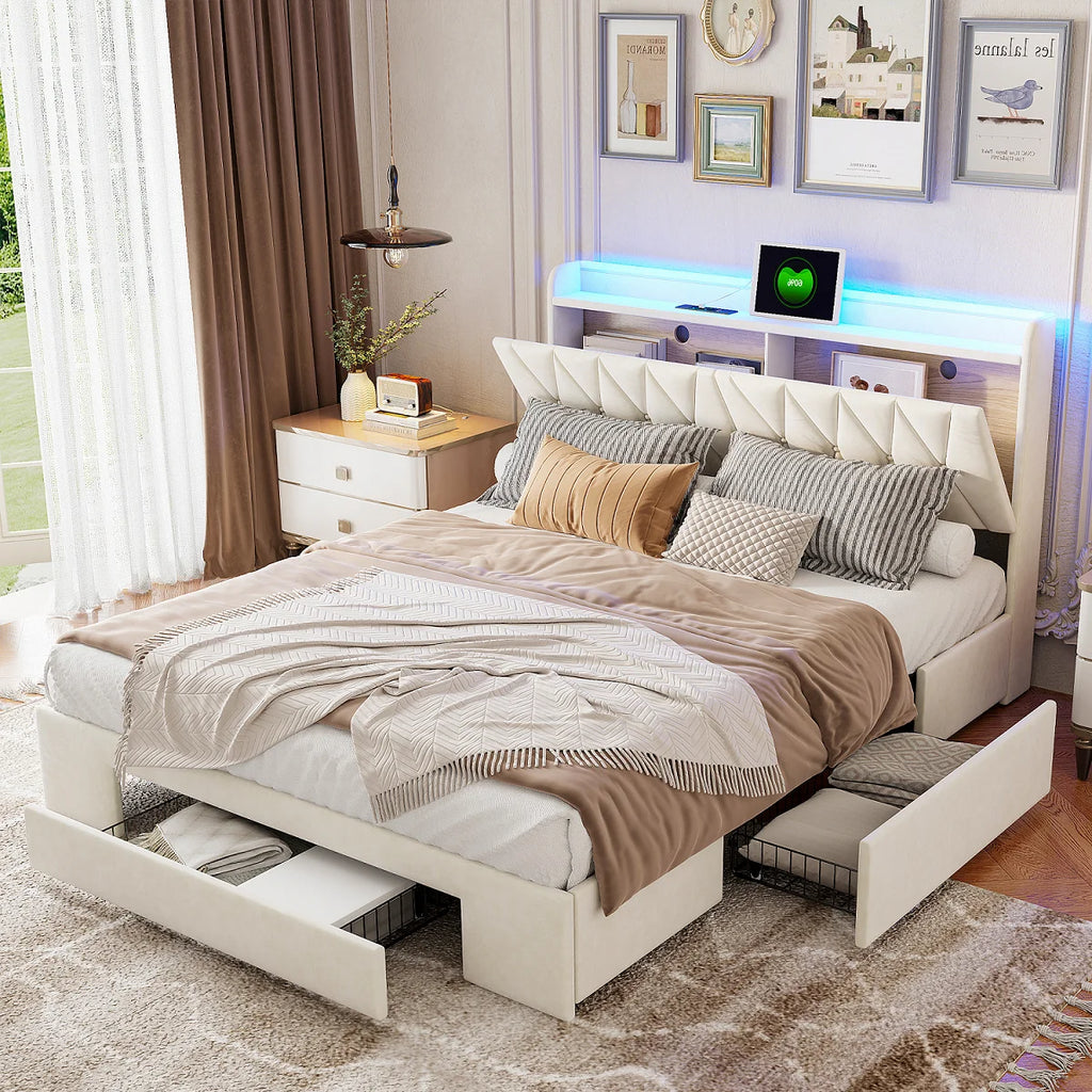 VELVET HAVEN - Upholstered Storage Bed - LED, USB Charging, 3 Drawers