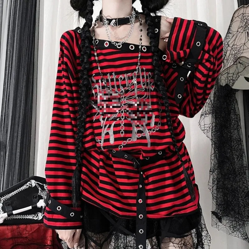 2025 New Harajuku Vintage Punk Black Blue Red Striped Tees Y2k Gothic Girls Off Shoulder Loose Butterfly Letter Long Sleeve Tops