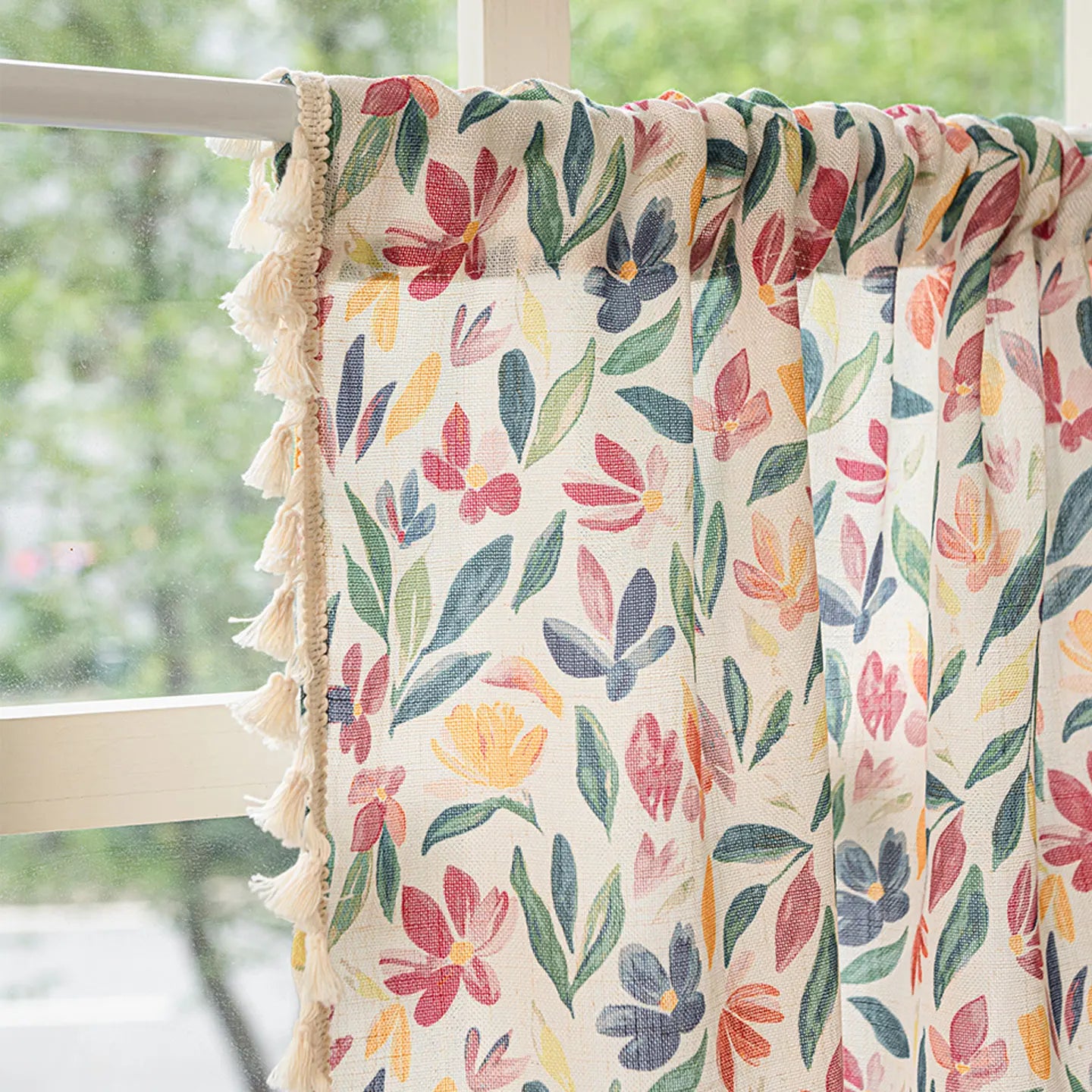 1pc Floral Print Short Curtain, Cotton Linen Semi-Sheer Coffee Curtains, Half Light Blocking Kitchen Decorative Curtains