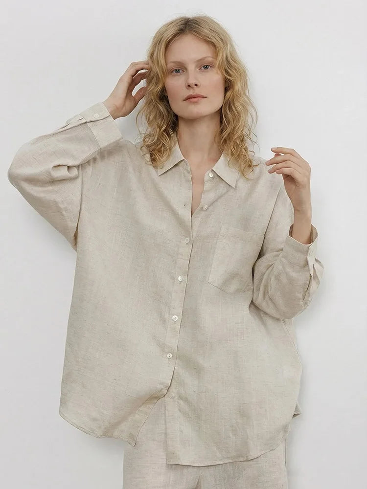 Streamgirl Summer White Linen Shirts For Women Oversized Long Sleeve Tops Lady Loose Basic Linen Tops Women Blue Shirts Oversize
