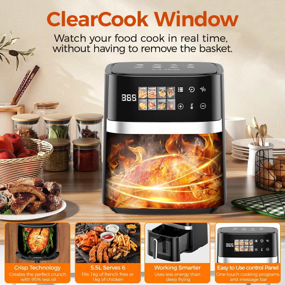 5.5L Air Fryer 1350W Oil-Free Viewing Window 8 Presets