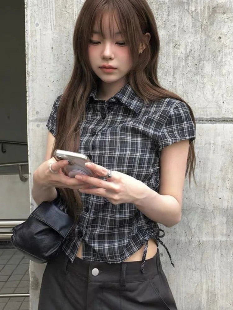 Vintage Classic Plaid Short Sleeve Collared Button Shirt Women Y2k Fashion Cinch Waist Tops Streetwear Casual Retro T-Shirts New