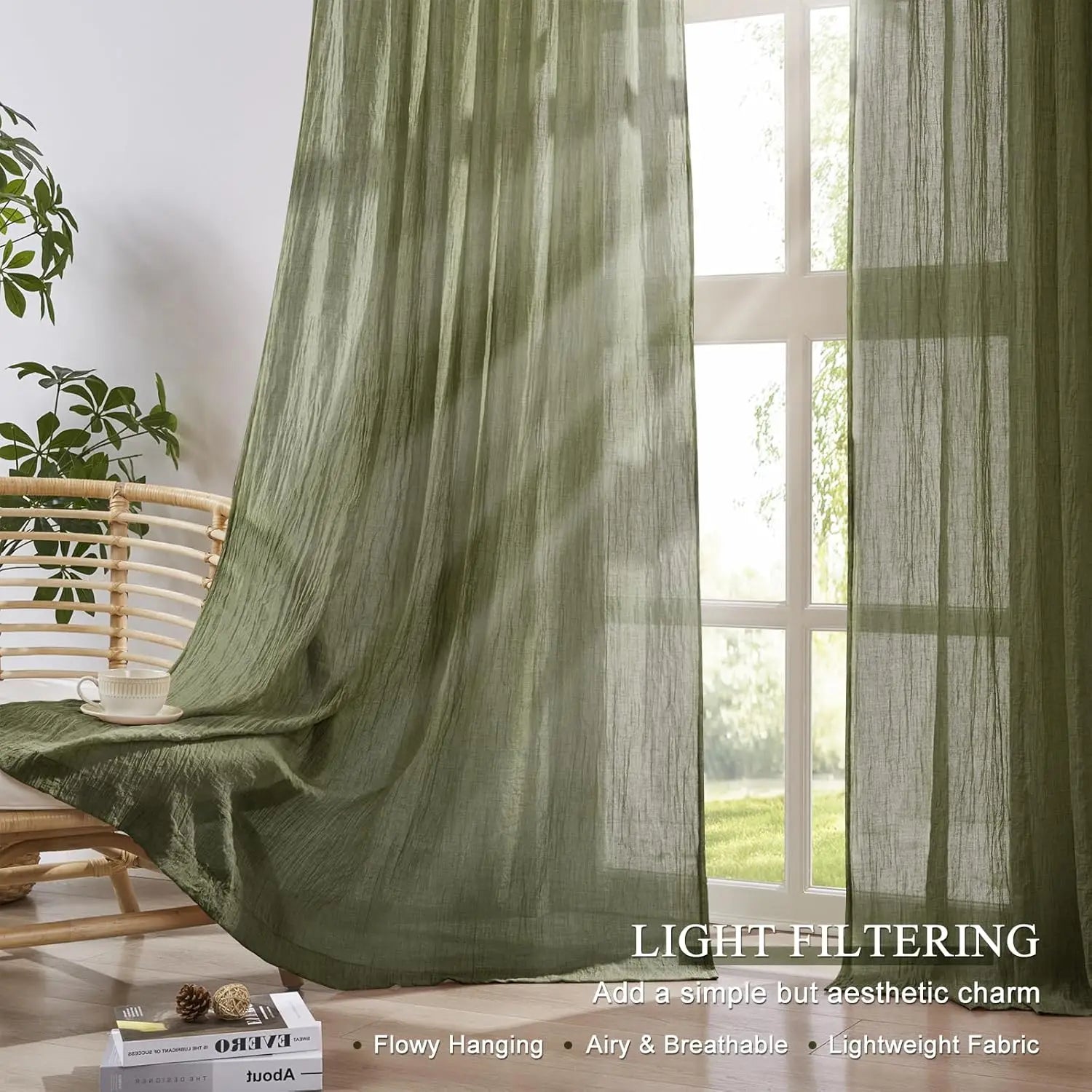 SAGE GREEN SHEER CURTAINS - Crinkled Voile Panel - Soft Light, Natural Calm