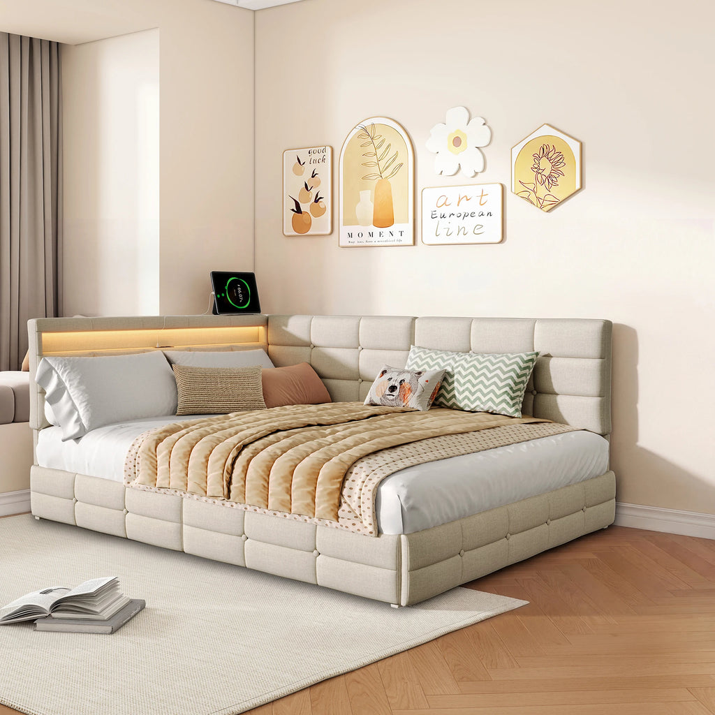 L-Shaped Upholstered Bed Frame – USB, LED & Storage