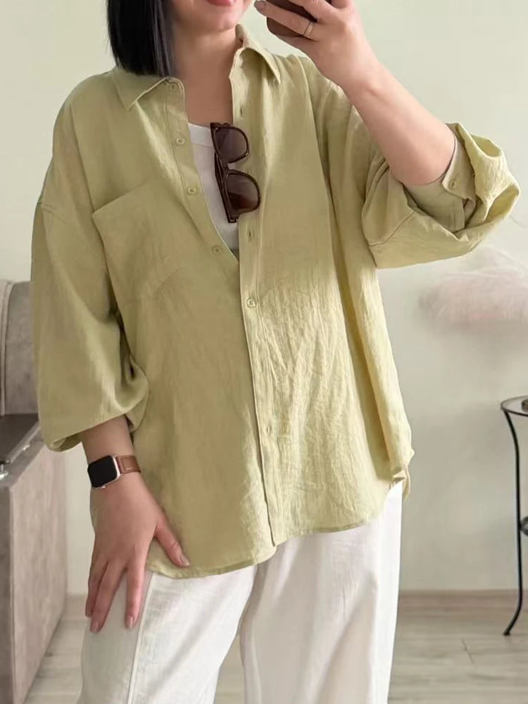 Streamgirl Summer White Linen Shirts For Women Oversized Long Sleeve Tops Lady Loose Basic Linen Tops Women Blue Shirts Oversize