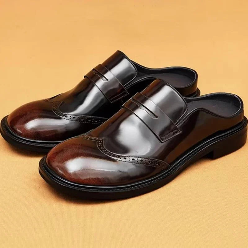 Men's Genuine Leather Platform Mules - Round Toe Slip-On Formal Half Shoes