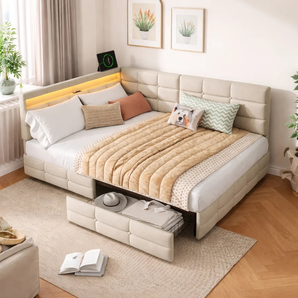 L-Shaped Upholstered Bed Frame – USB, LED & Storage