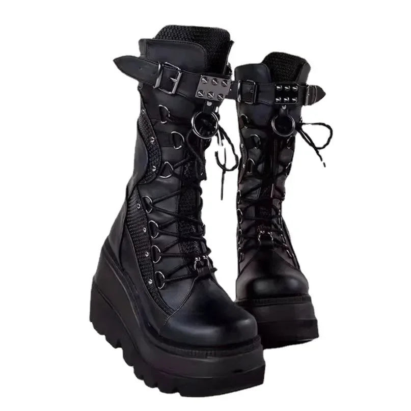 Rivet Buckle Punk Wedge Mid-Calf Boots – Goth Platform