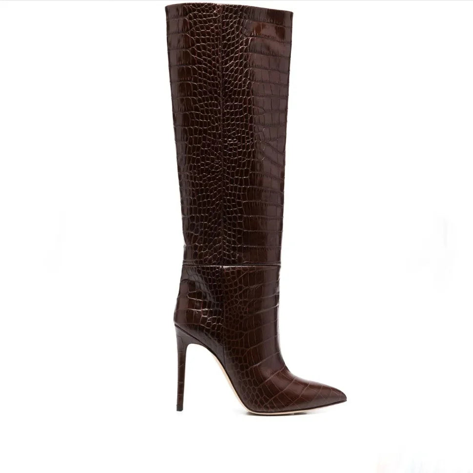 Croc-Embossed Knee-High Stiletto Boots