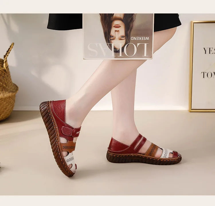 New patches gladiator sandals women's handmade bohemian shoes big size 43 woman real leather sandal ladies patchwork strap flats