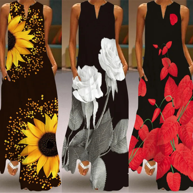 Floral Print Sleeveless V-Neck Maxi Evening Dress