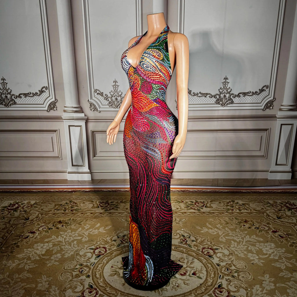 Rhinestone Mesh Halter Bodycon Maxi Gown