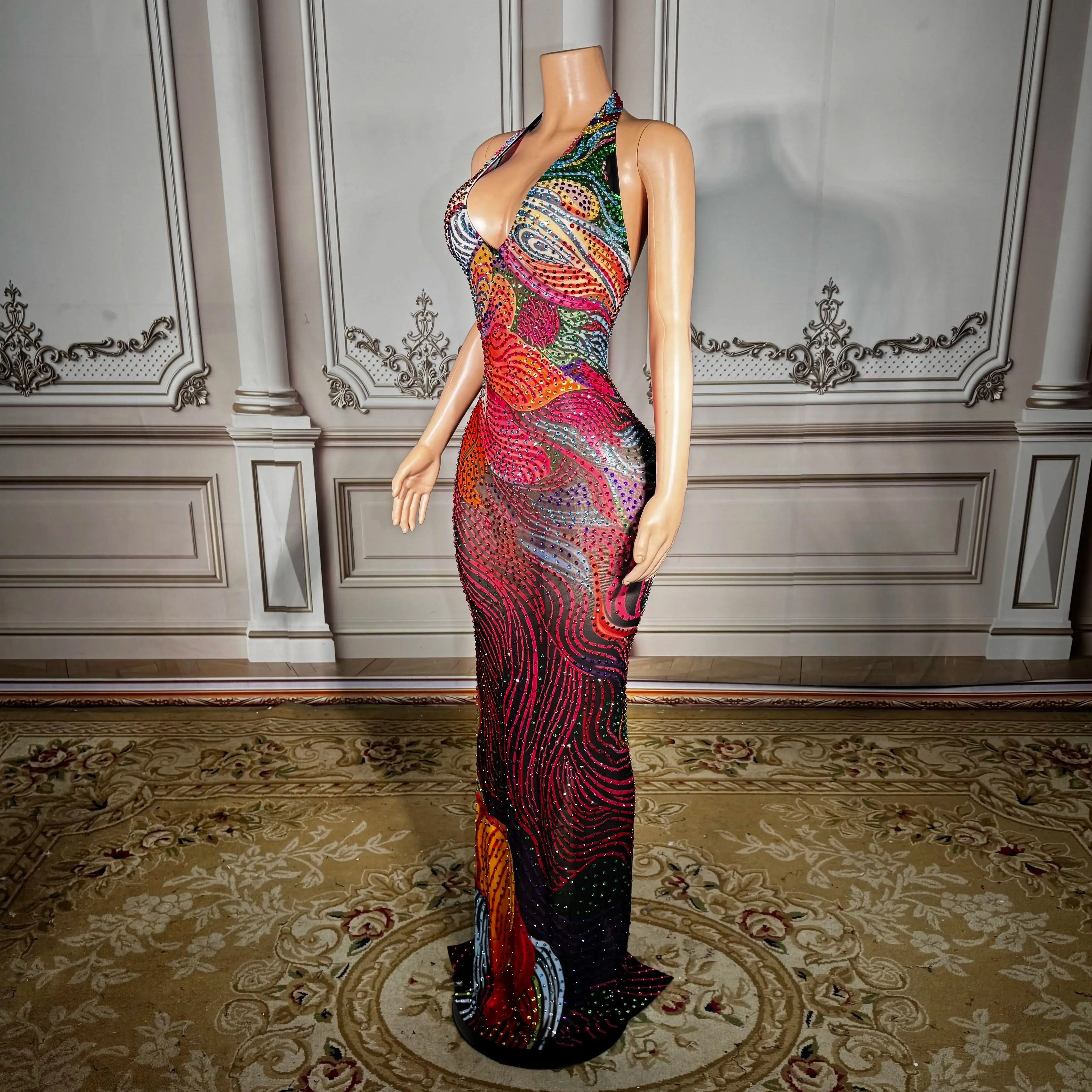 ZD ZD Plus Size Sexy Sheer Mesh Dress with Low Back & Colorful Rhinestones - Glamorous Nightclub & Party Gown for Women