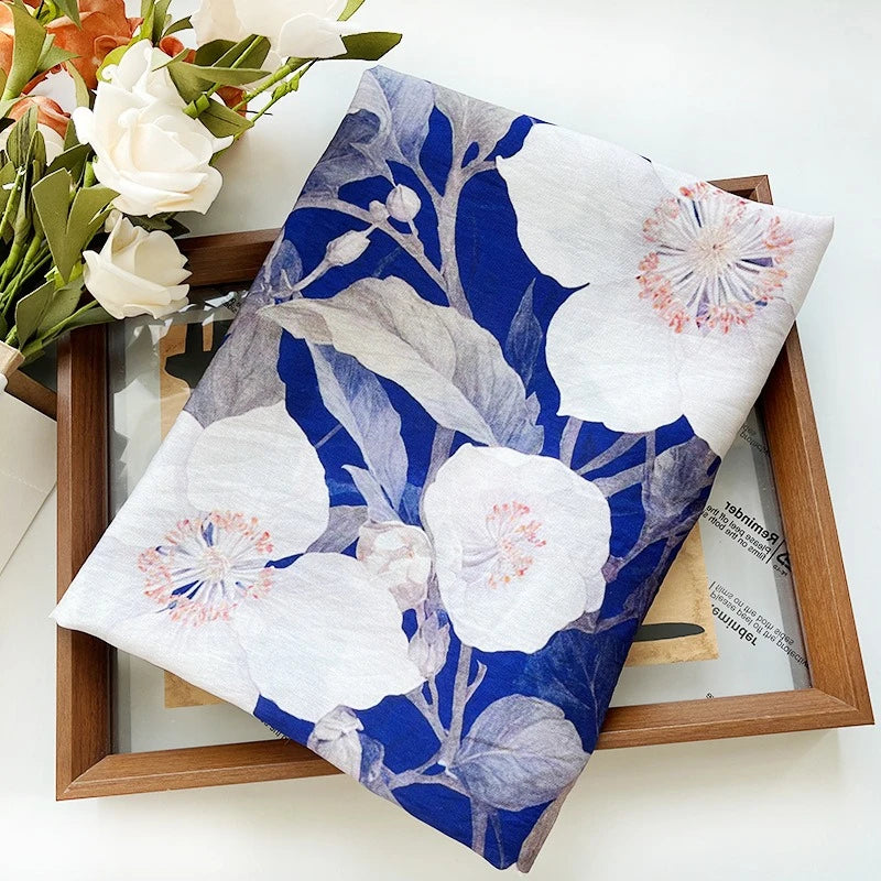 BLUE FLORAL COTTON-BLEND FABRIC - 150cm Wide, Continuous Length - Home Sewing