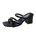 New Summer Fashion Bare-Toed Square-Head Mid-Heel Shoes Pleated Chunky Sandals with A-Line Single Shoe Women