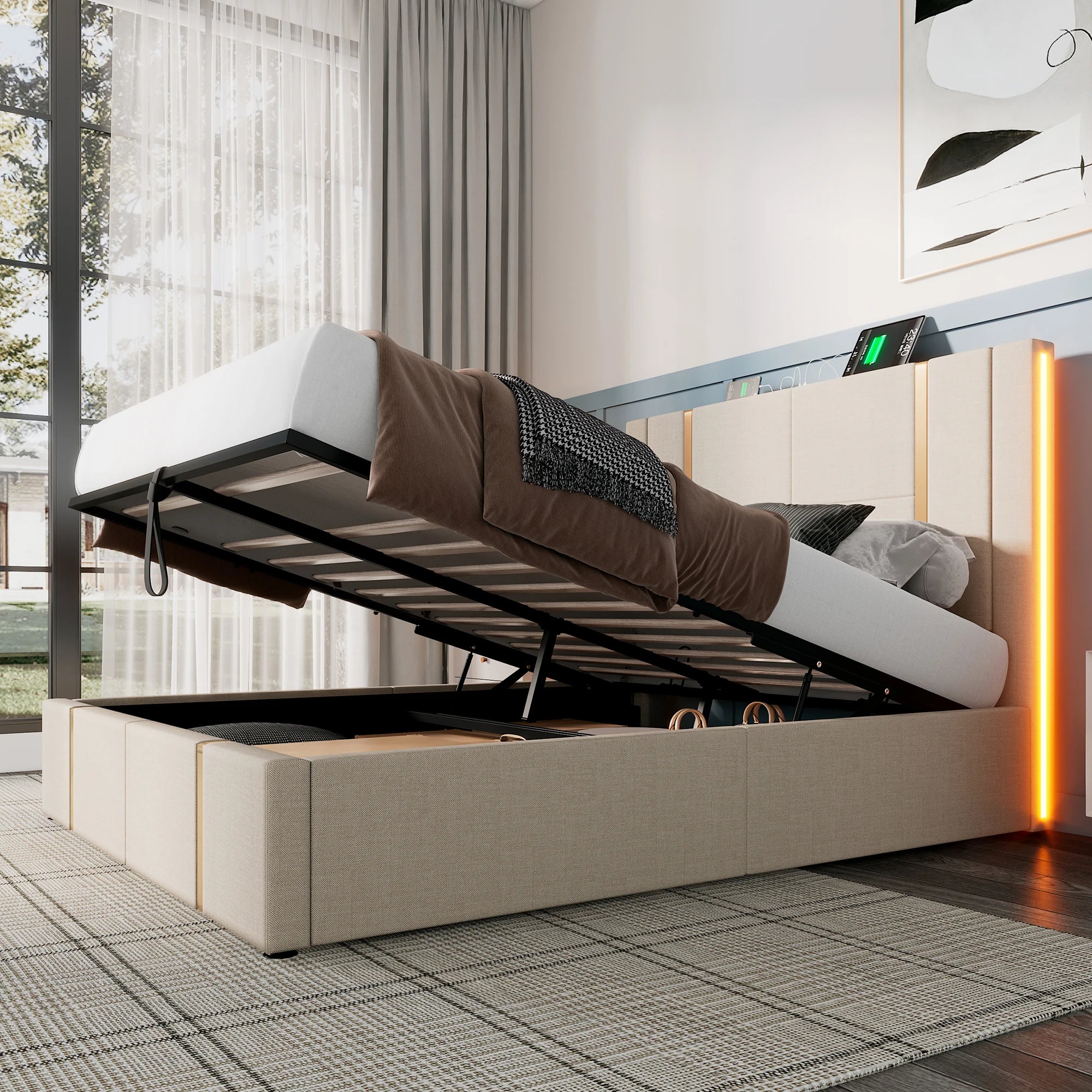PLATFORM BED WITH STORAGE - Hydraulic Lift, Channel Headboard - Easy Nights