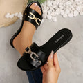 Women's Shoes, New Fashion Slippers, Classic and Versatile, Solid Color with Metal Decoration, Square-Toed Flat Sandals