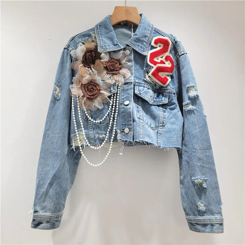 3D Flower Pearl Chain Denim Jacket – Trendy Lapel Long Sleeve