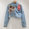 3D Flower Pearl Chain Denim Jacket – Trendy Lapel Long Sleeve