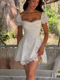 Chic Lady Solid Lace A-line Mini Dress Women Short Bubble Sleeve Square Neck Hollow Out Pleated Dresses 2026 Holiday Beach Robes