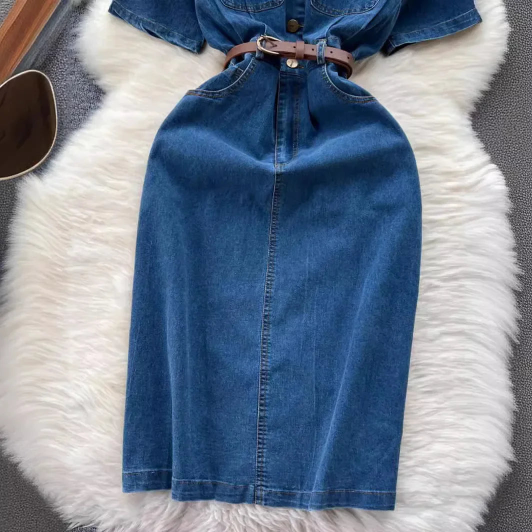 Design Sense Niche Denim Short-sleeved Dress Women. Korean Version Summer Leisure Temperament in The Long Slim-fit Shirt Dress