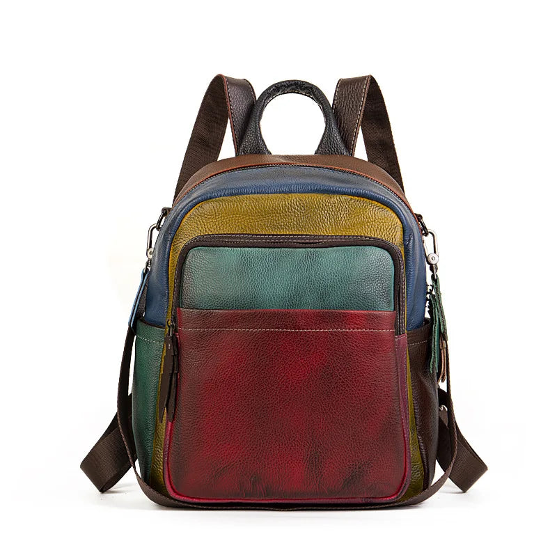 Patchwork Genuine Leather Backpack Women Cowhide Multicolor