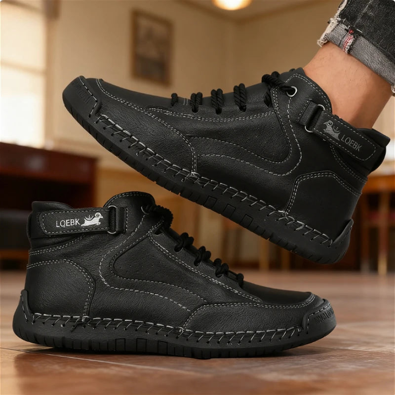 Men's Casual Leather Walking Shoes - Hook & Loop Slip-On Outdoor Driving Shoes
