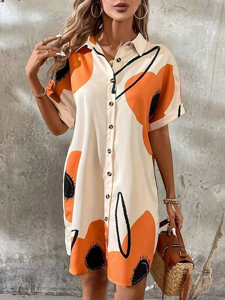 2025 New Summer Everyday Casual Women's Short Sleeve Shirt Dress  Sweet Fashion Single-breasted Dress Floral Print Elegant Dress