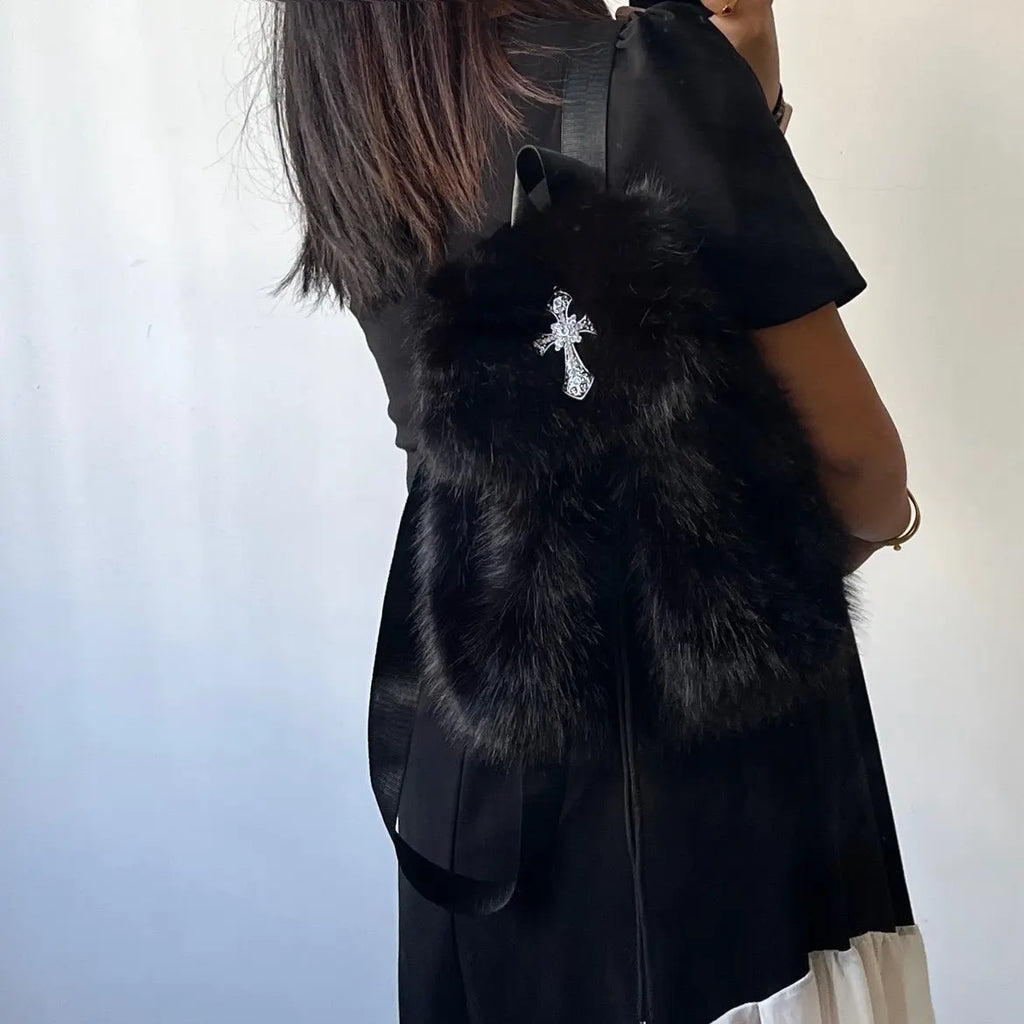 Black Plush Backpack Y2K Gothic Cross Fluffy Fur Backpack