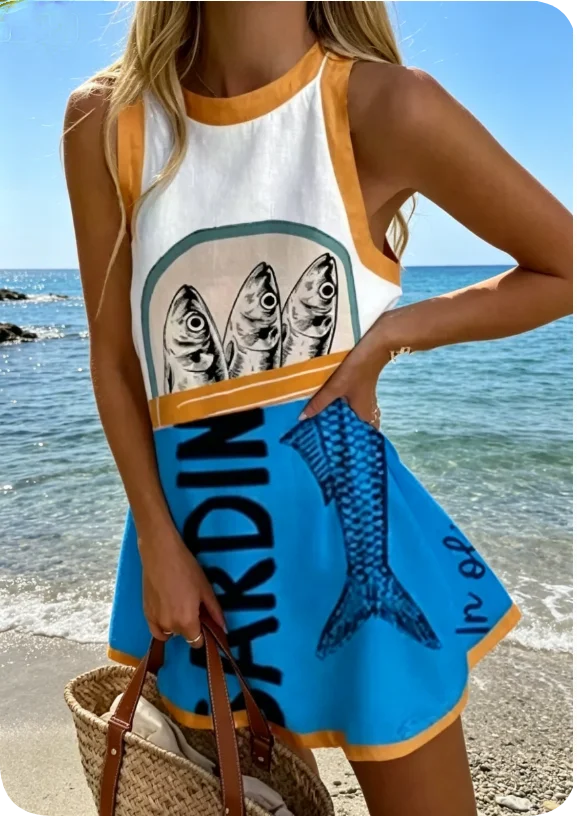 Summer New Print Dress Women's Fashion Elegant Casual O Neck Sleeveless Holiday Beach Party Shirt Dresses For Women Robe Femme