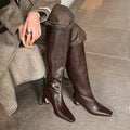 Genuine Leather Knee-High Boots – Square Toe Stiletto Slip-On