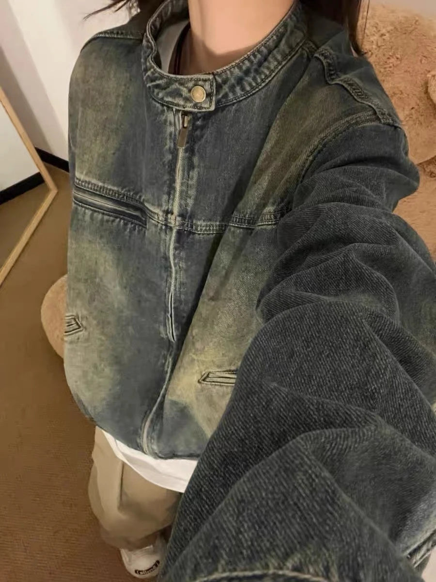 Vintage Washed Denim Jacket - Ruffled Collar