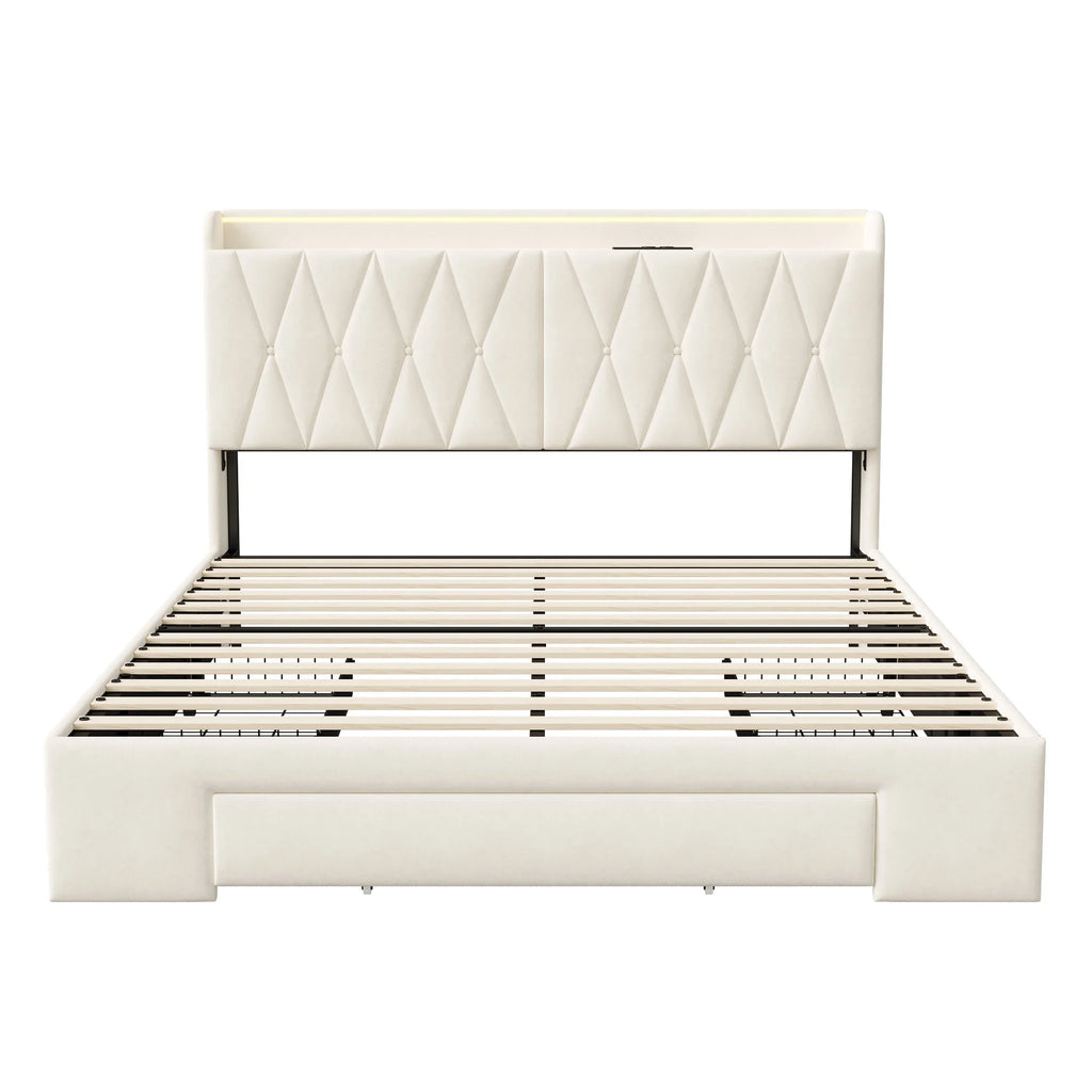 VELVET HAVEN - Upholstered Storage Bed - LED, USB Charging, 3 Drawers
